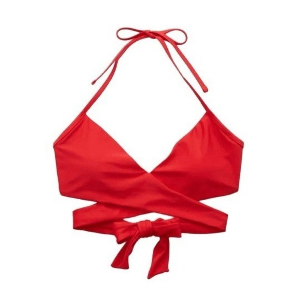 Aerie Tie Wrap Halter Bikini Top Chilly Red‎ Nylon Scoop Removable Pads XXS
